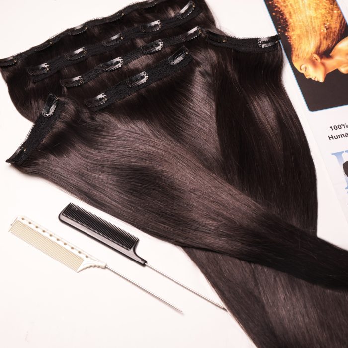Dark clip-in hair extensions